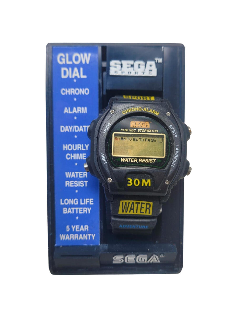 VINTAGE SEGA SPORTS GLOW DIAL WRIST WATCH NOS GENESIS 30M Black Yellow Water